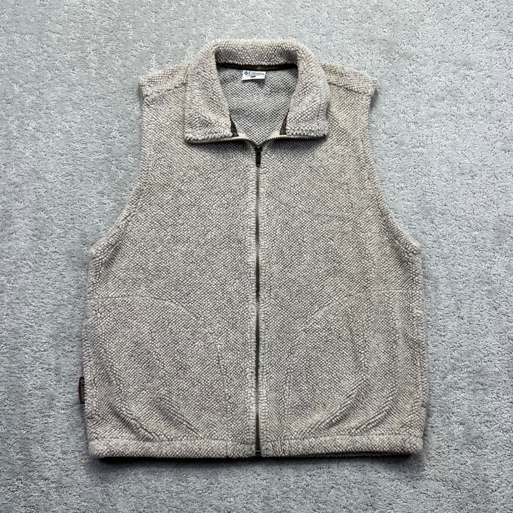 VINTAGE 90s Columbia Vest Mens M‎ Oatmeal Deep Pile Fleece Outdoors Made in USA